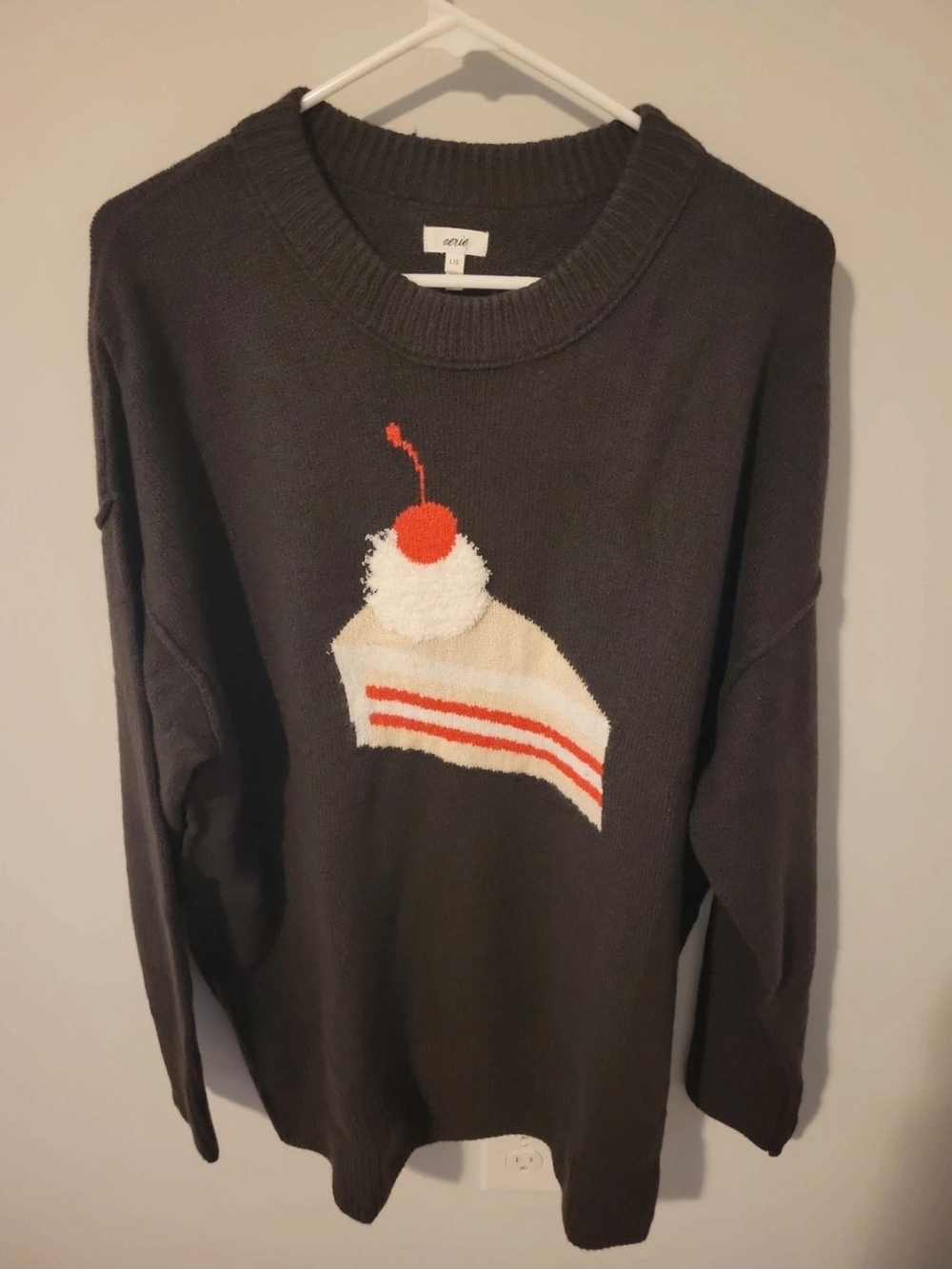aerie Black Crewneck Sweater with Cake & Cherry Graphic